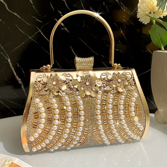Elegant Gold Pearl & Rhinestone Evening Clutch – Handheld Sparkling Bridal & Party Bag