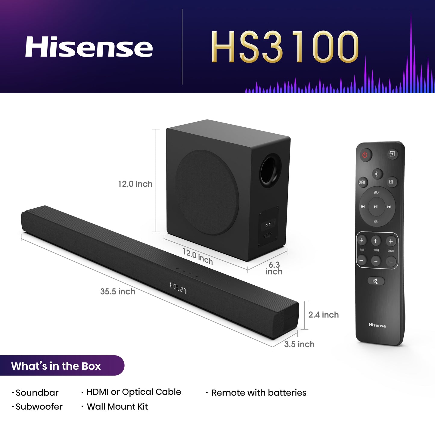 Hisense HS3100 3.1-Ch 480W Soundbar with Wireless Subwoofer – DTS Virtual:X, Dolby Digital Plus, Bluetooth 5.3