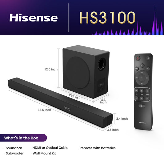 Hisense HS3100 3.1-Ch 480W Soundbar with Wireless Subwoofer – DTS Virtual:X, Dolby Digital Plus, Bluetooth 5.3