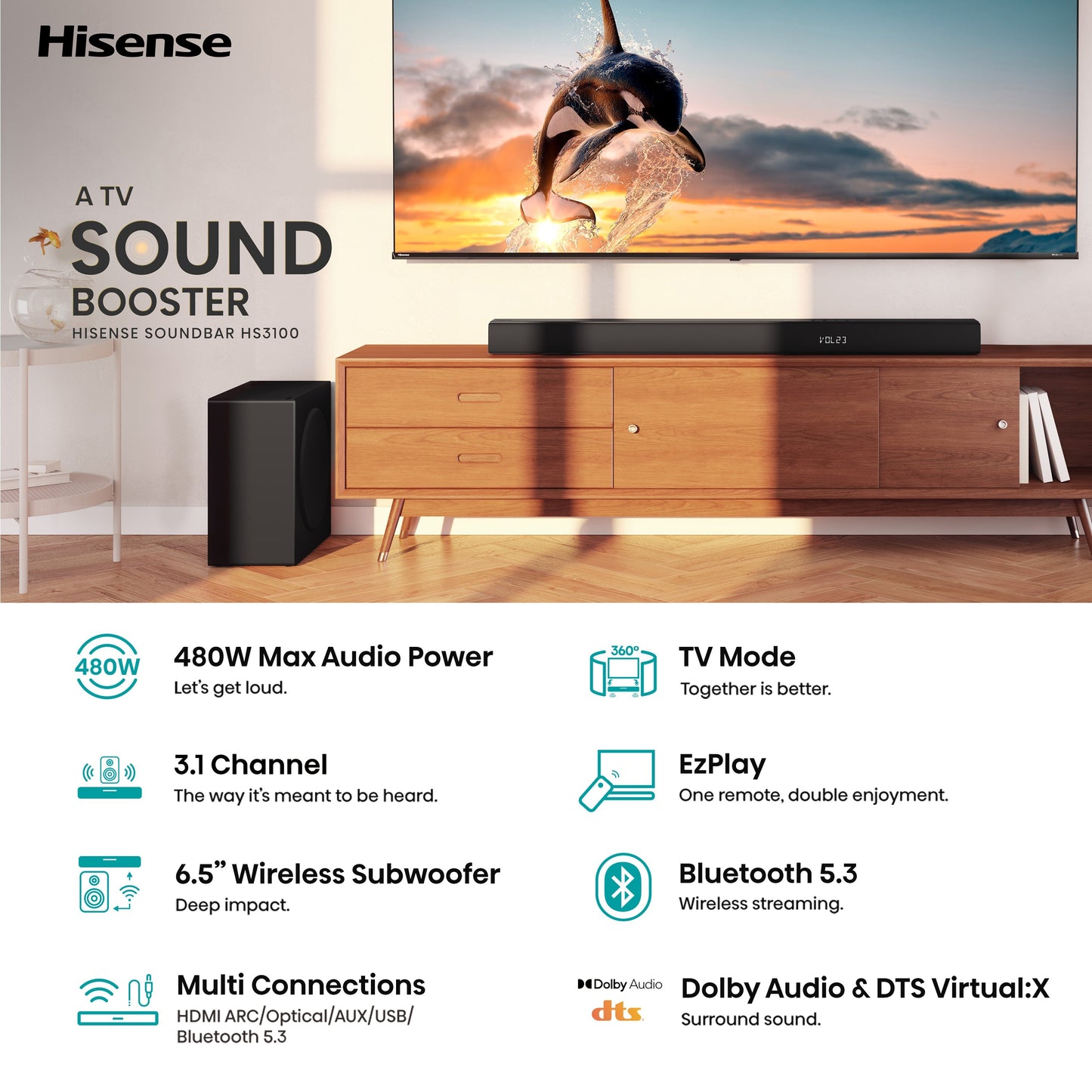 Hisense HS3100 3.1-Ch 480W Soundbar with Wireless Subwoofer – DTS Virtual:X, Dolby Digital Plus, Bluetooth 5.3